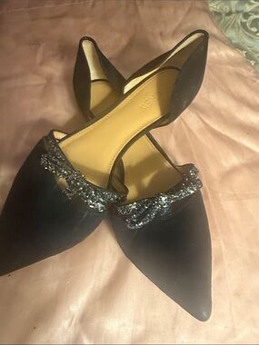 J. Crew Black Pointed D'Orsay Flats with Sparkle Bow